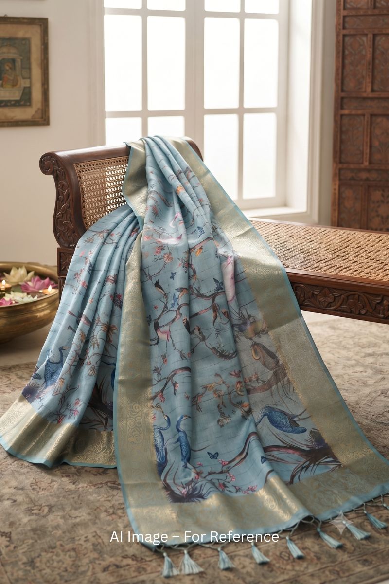 Digital Printed Soft Silk Saree In Cyan Color