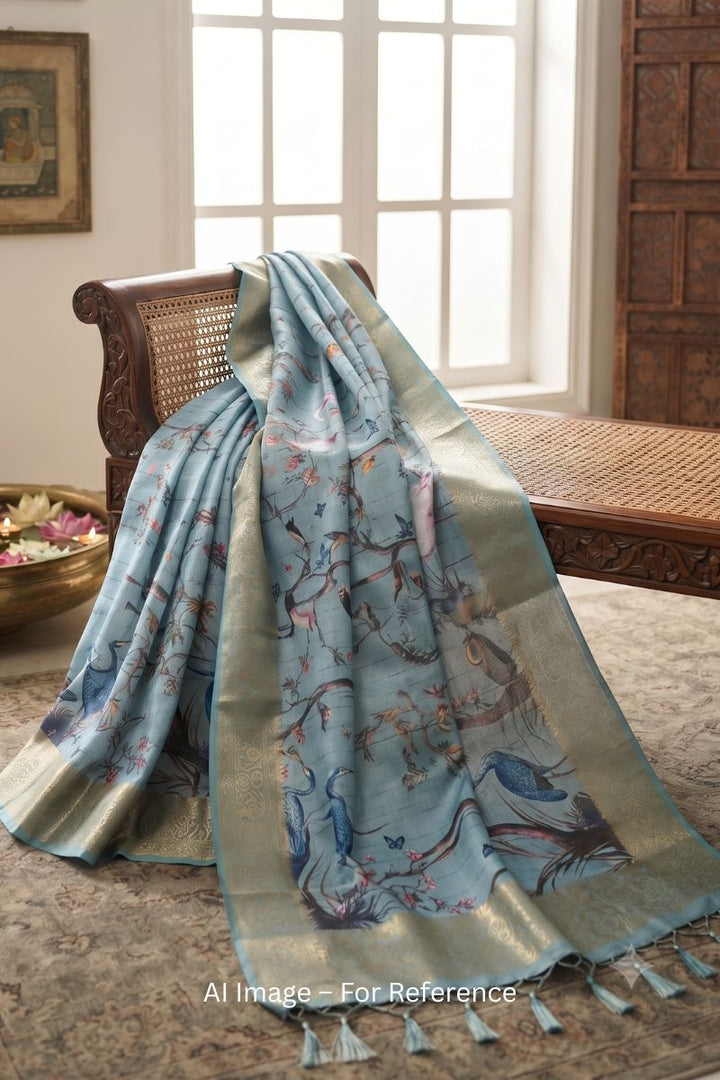 Digital Printed Soft Silk Saree In Cyan Color