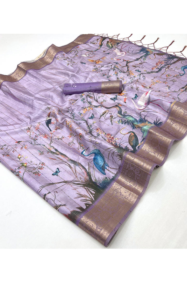 Lavender Color Digital Printed Work Soft Silk Saree