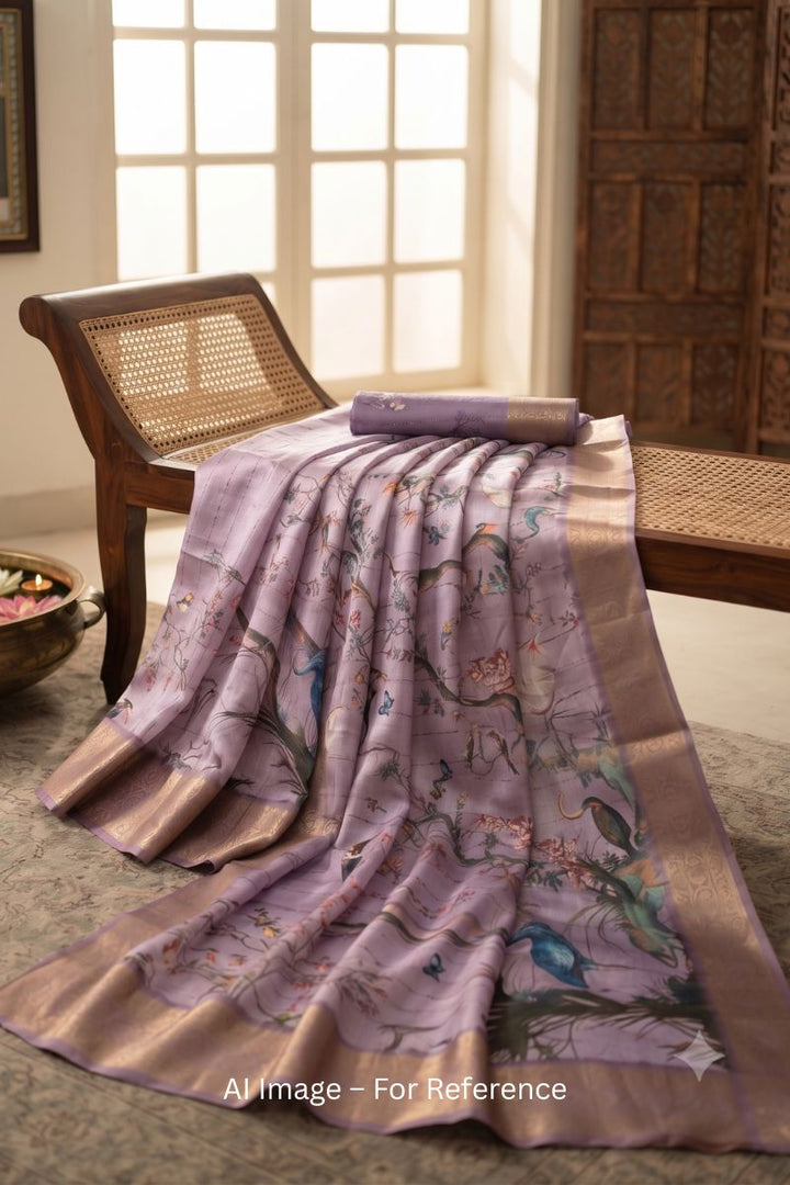 Lavender Color Digital Printed Work Soft Silk Saree
