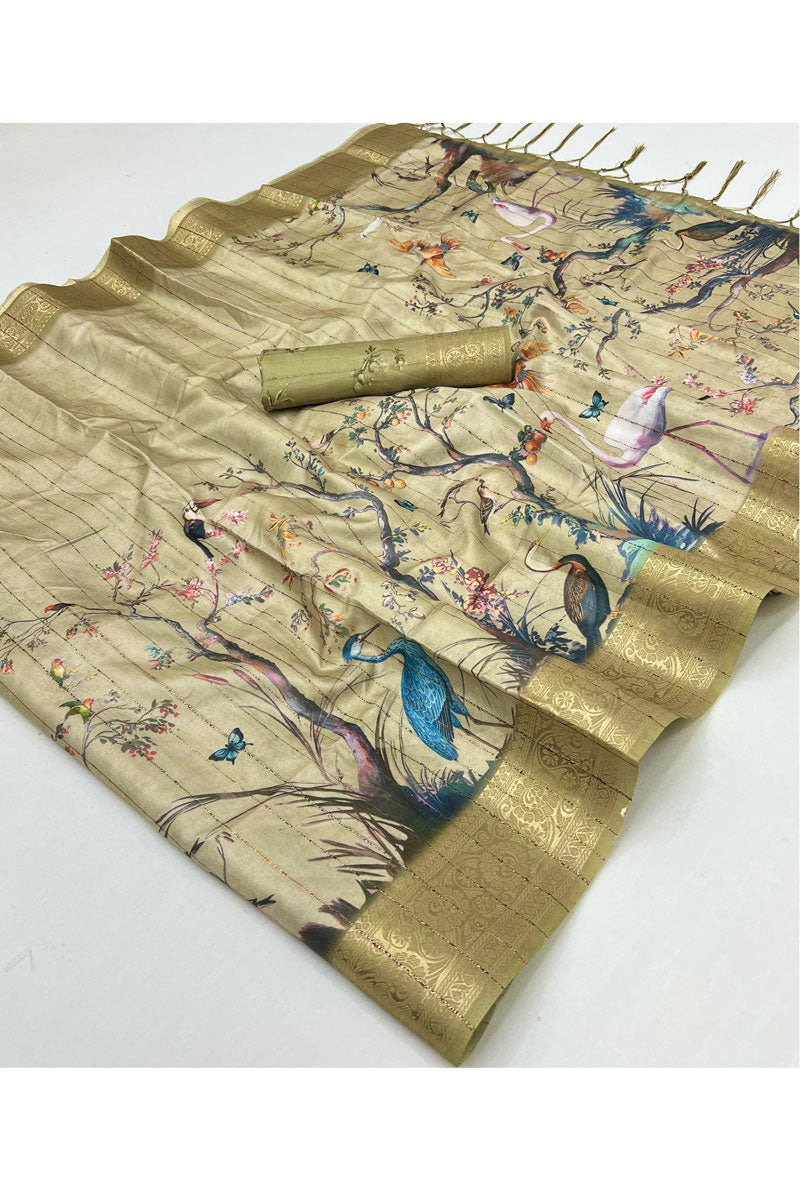 Digital Printed Soft Silk Saree In Yellow Color For Festive | Buy Online India