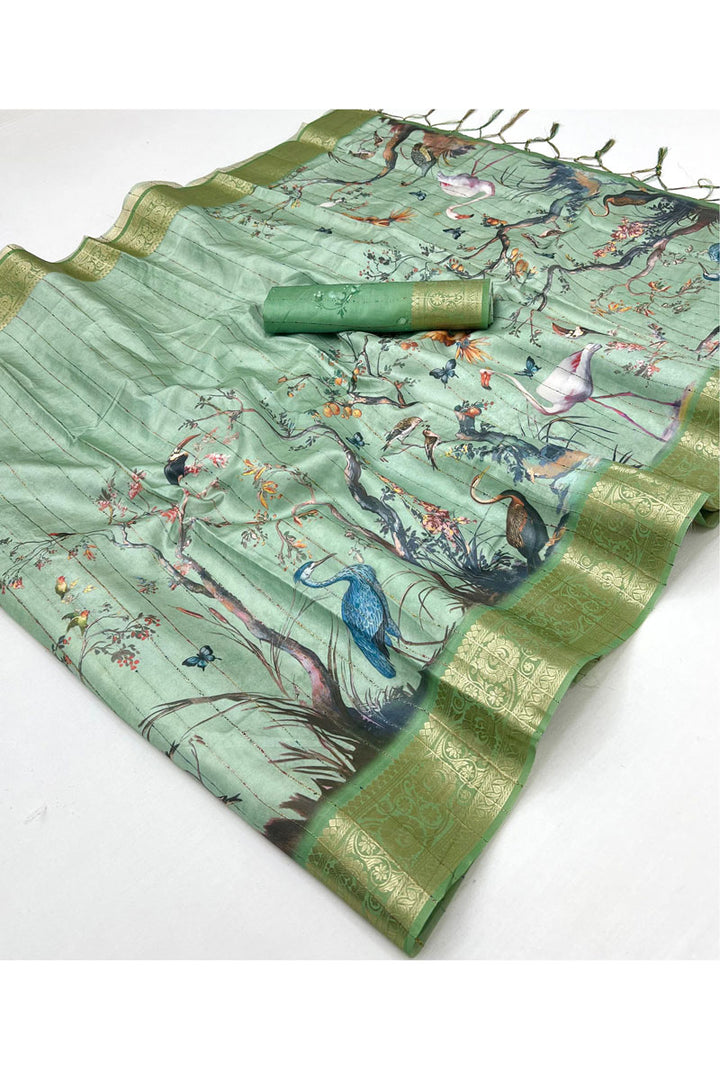 Sea Green Color Digital Printed Soft Silk Festive Saree