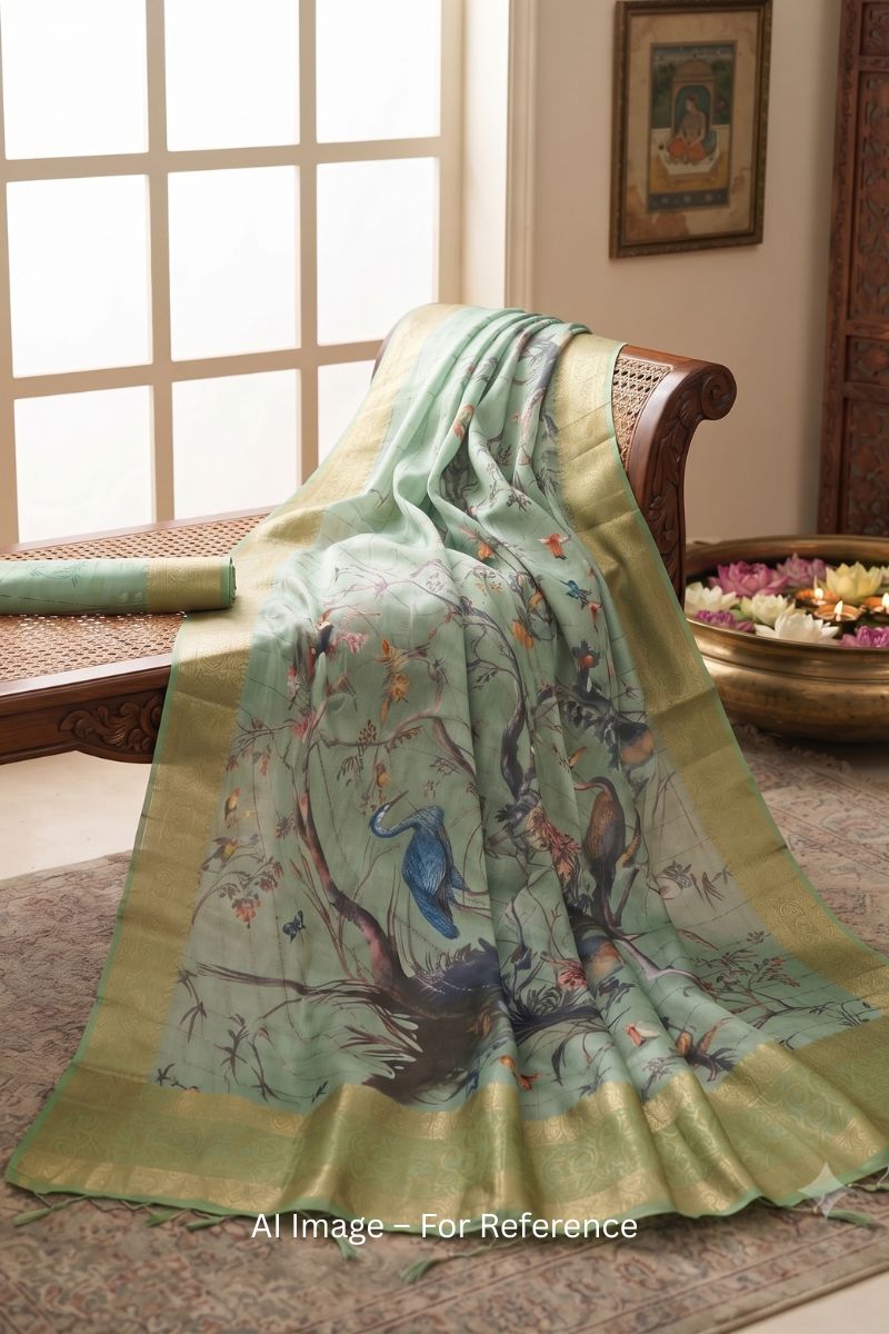 Sea Green Color Digital Printed Soft Silk Festive Saree