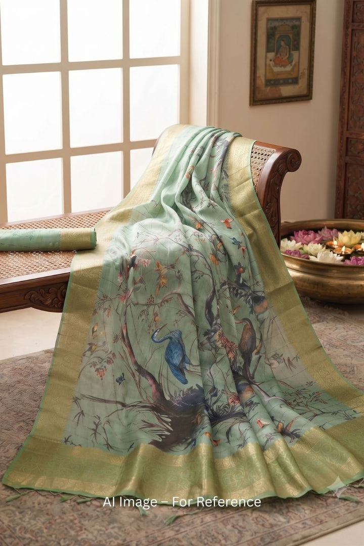 Sea Green Color Digital Printed Soft Silk Festive Saree