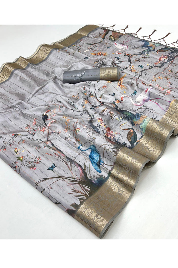 Grey Color Digital Printed Soft Silk Saree For Festive
