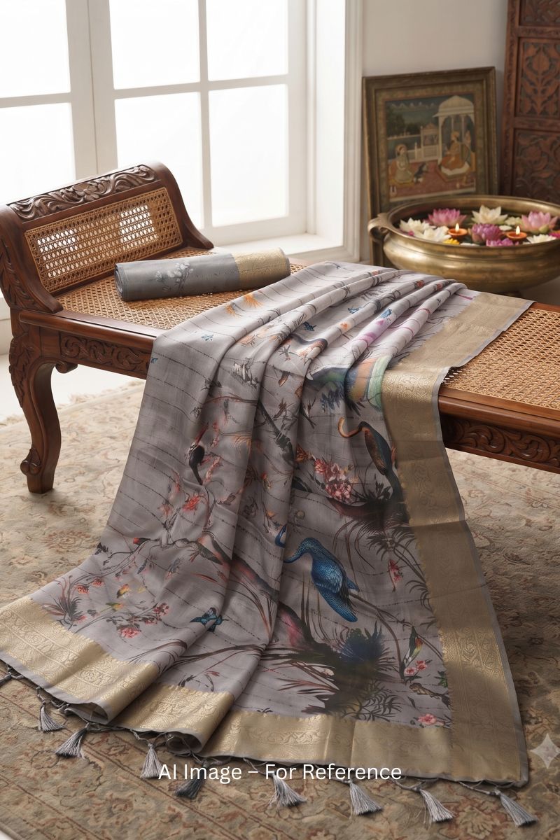 Grey Color Digital Printed Soft Silk Saree For Festive