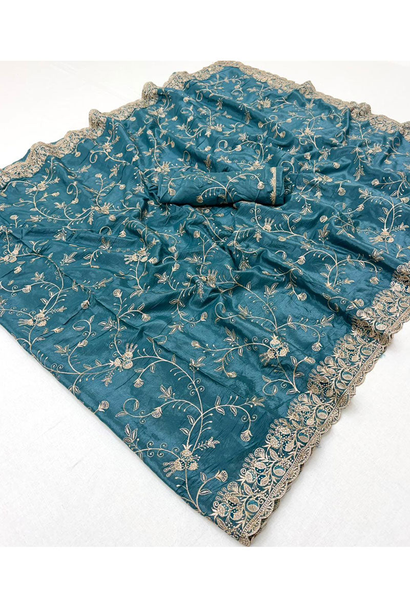 Zarkan Diamond Work Fancy Fabric Saree In Blue Color | Buy Online India