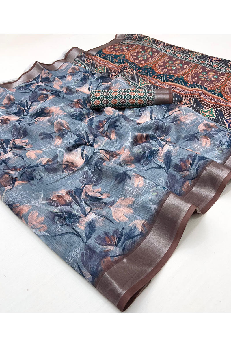 Linen Digital Printed Brown Saree