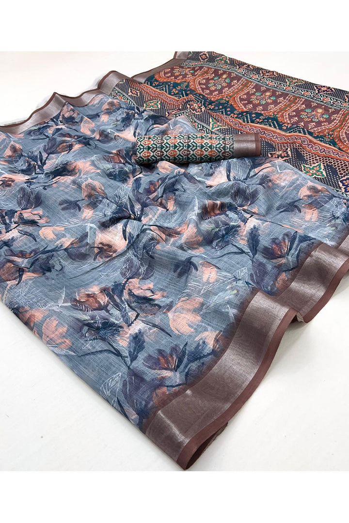 Linen Digital Printed Brown Saree