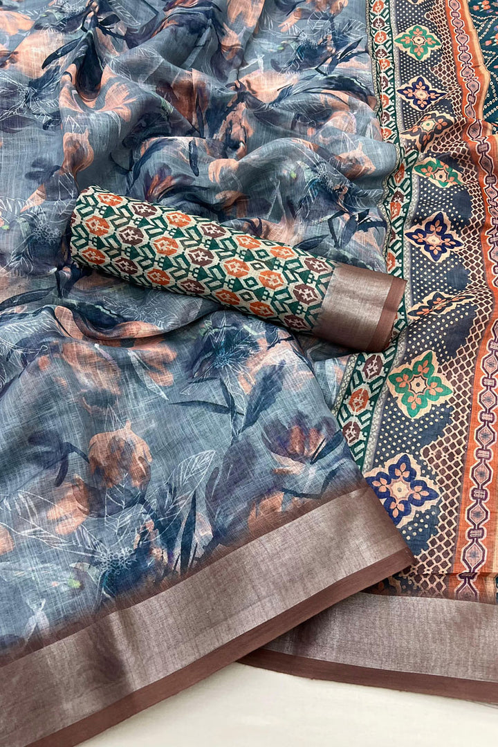 Linen Digital Printed Brown Saree