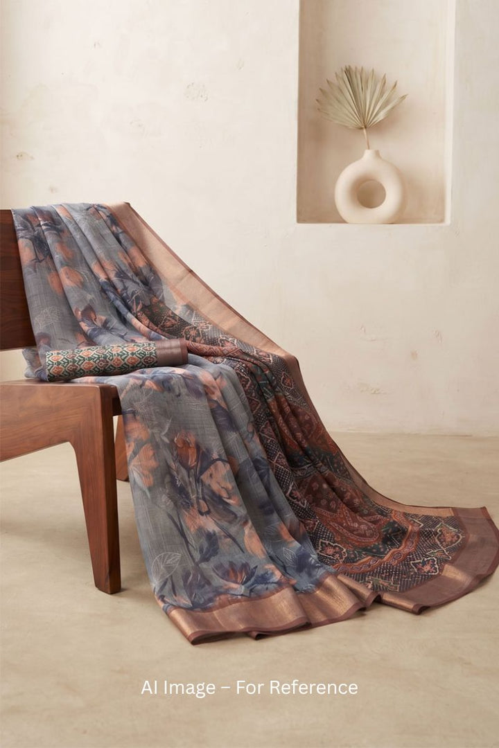 Linen Digital Printed Brown Saree