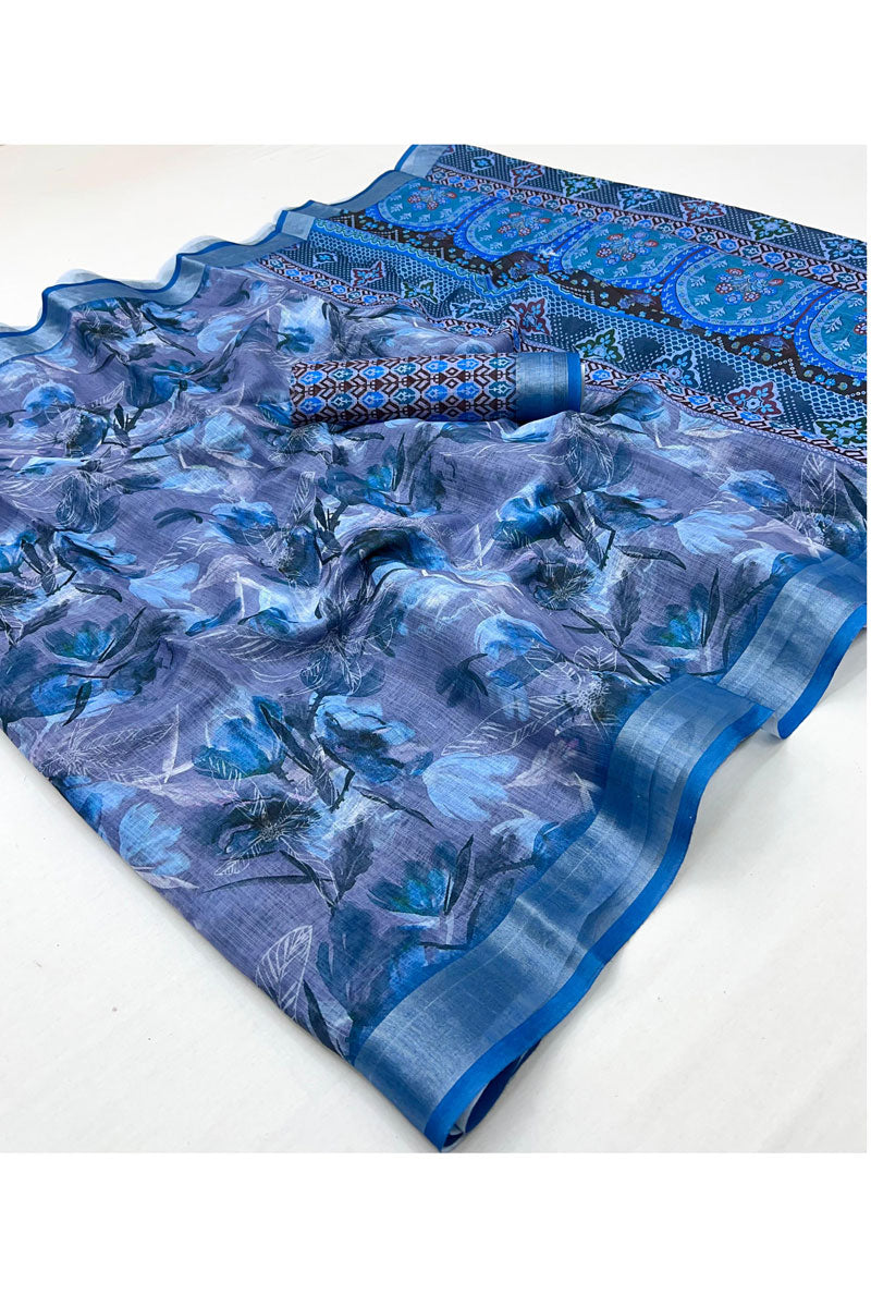 Linen Digital Printed Saree In Blue Color
