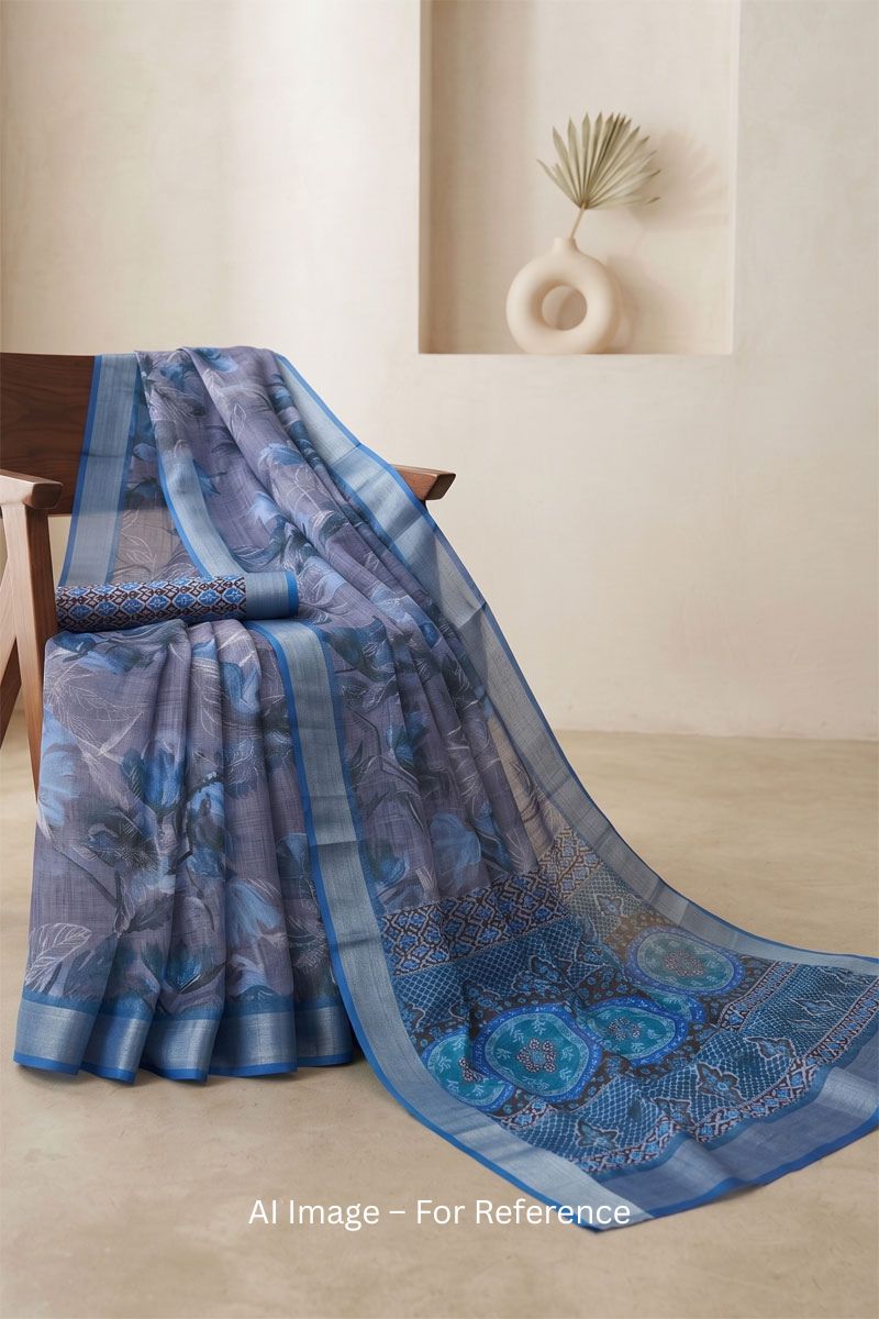 Linen Digital Printed Saree In Blue Color