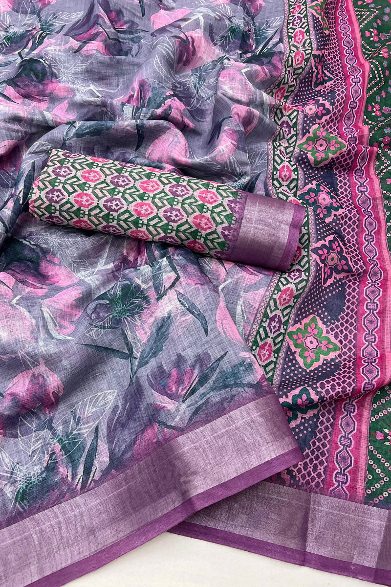 Purple Digital Printed Linen Saree For Casual Wear