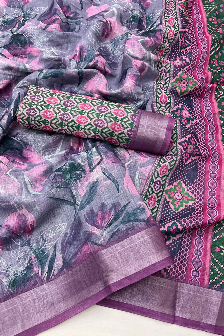 Purple Digital Printed Linen Saree For Casual Wear