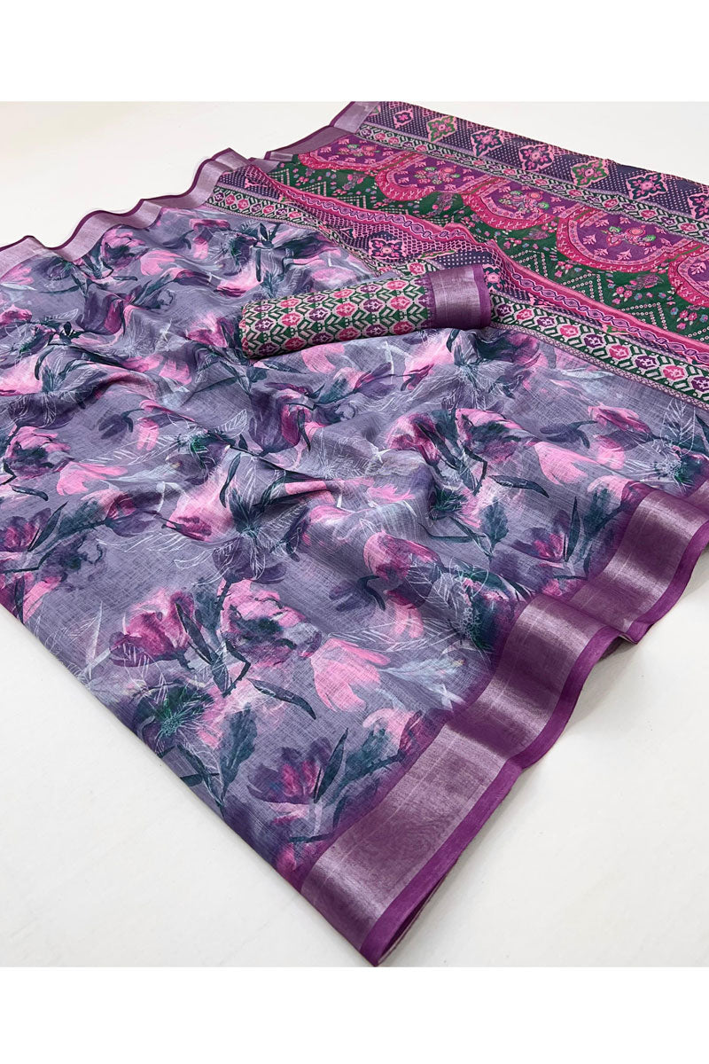 Purple Digital Printed Linen Saree For Casual Wear