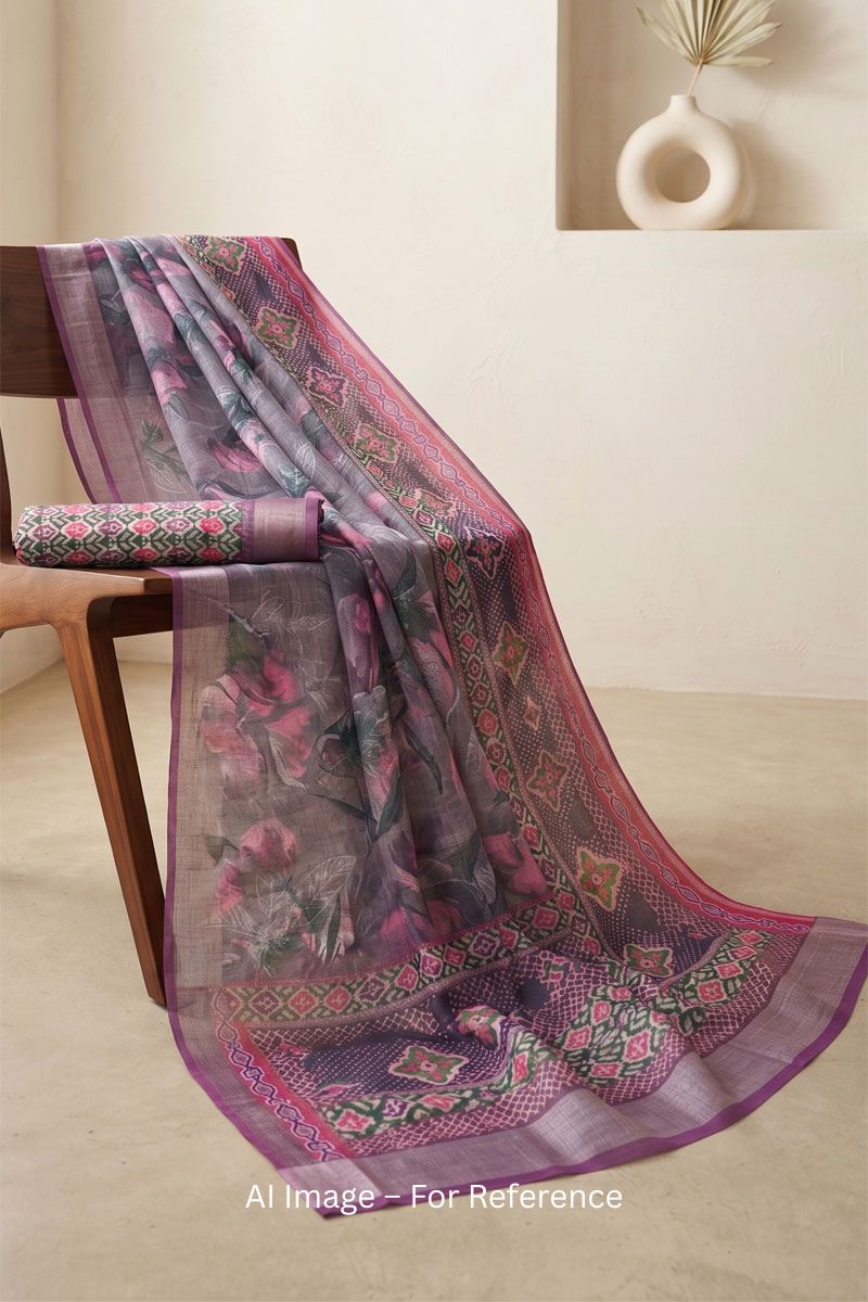 Purple Digital Printed Linen Saree For Casual Wear