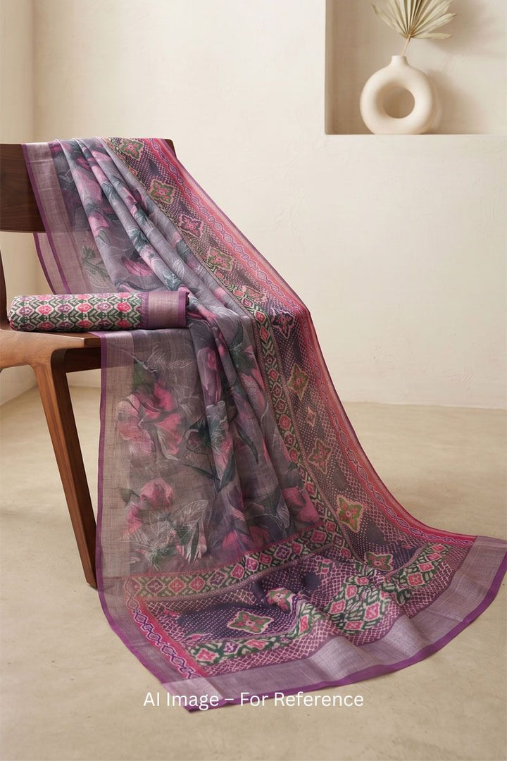 Purple Digital Printed Linen Saree For Casual Wear