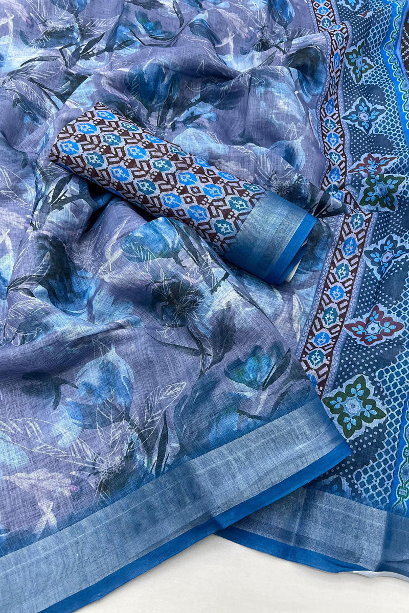 Casual Wear Digital Printed Linen Saree In Cyan Color