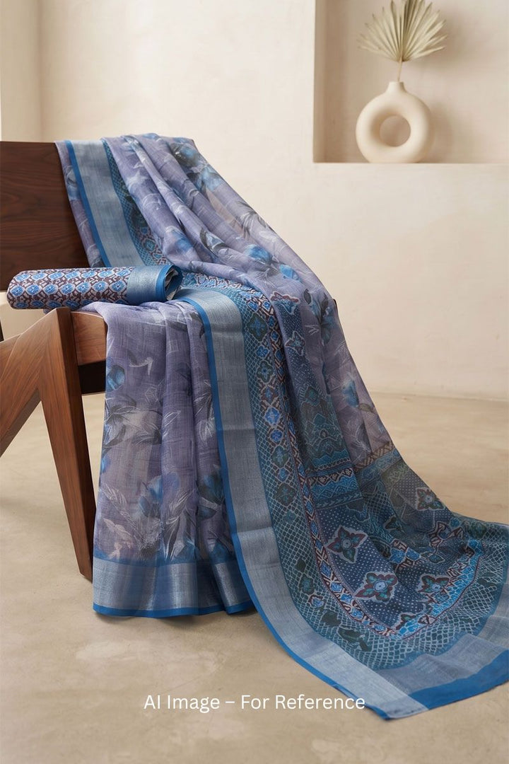 Casual Wear Digital Printed Linen Saree In Cyan Color