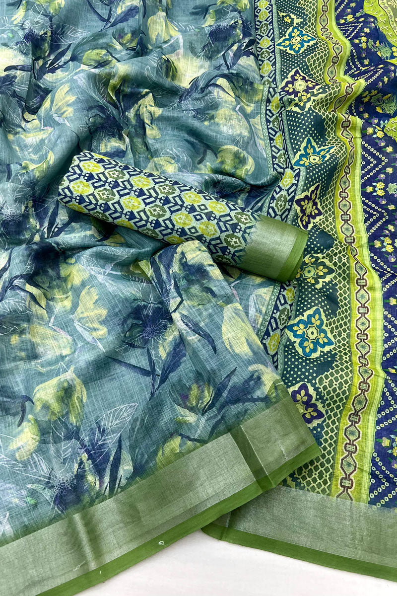 Line Digital Printed Saree In Green Color