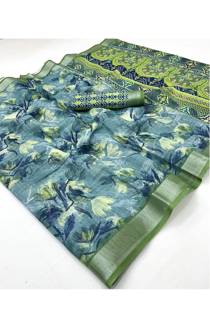 Line Digital Printed Saree In Green Color