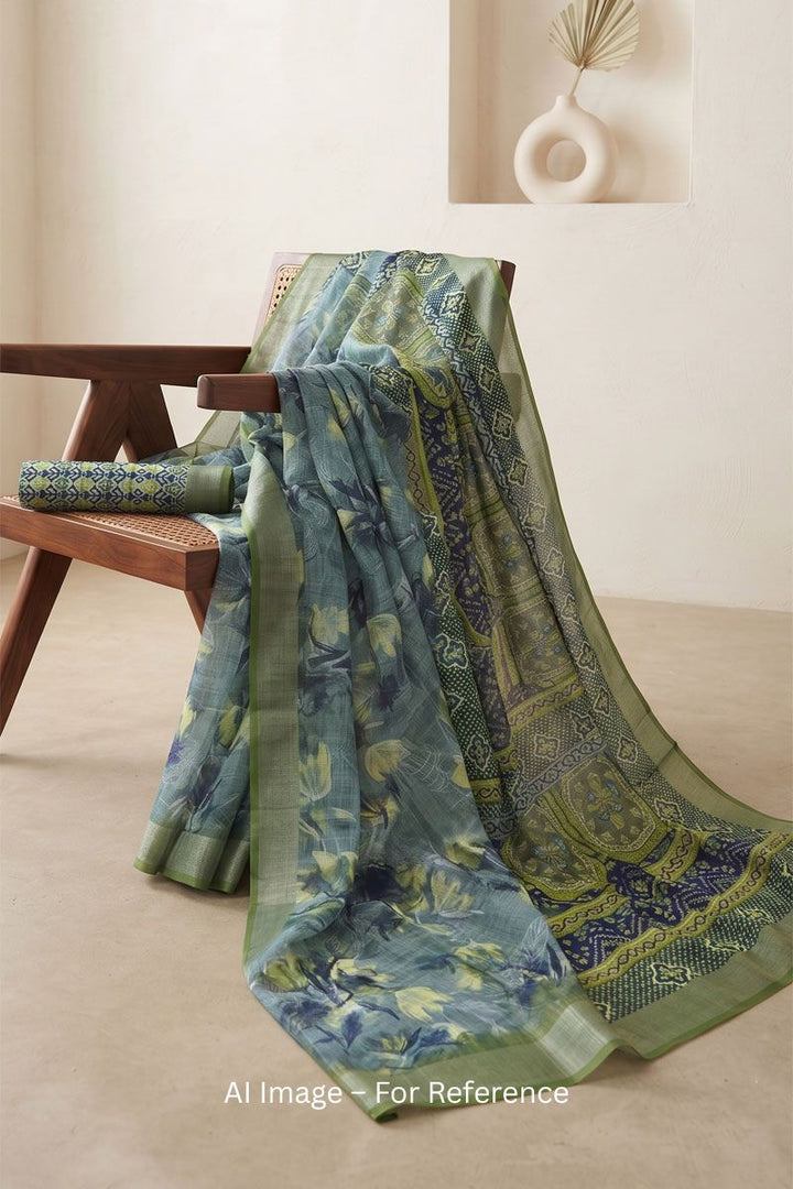 Line Digital Printed Saree In Green Color