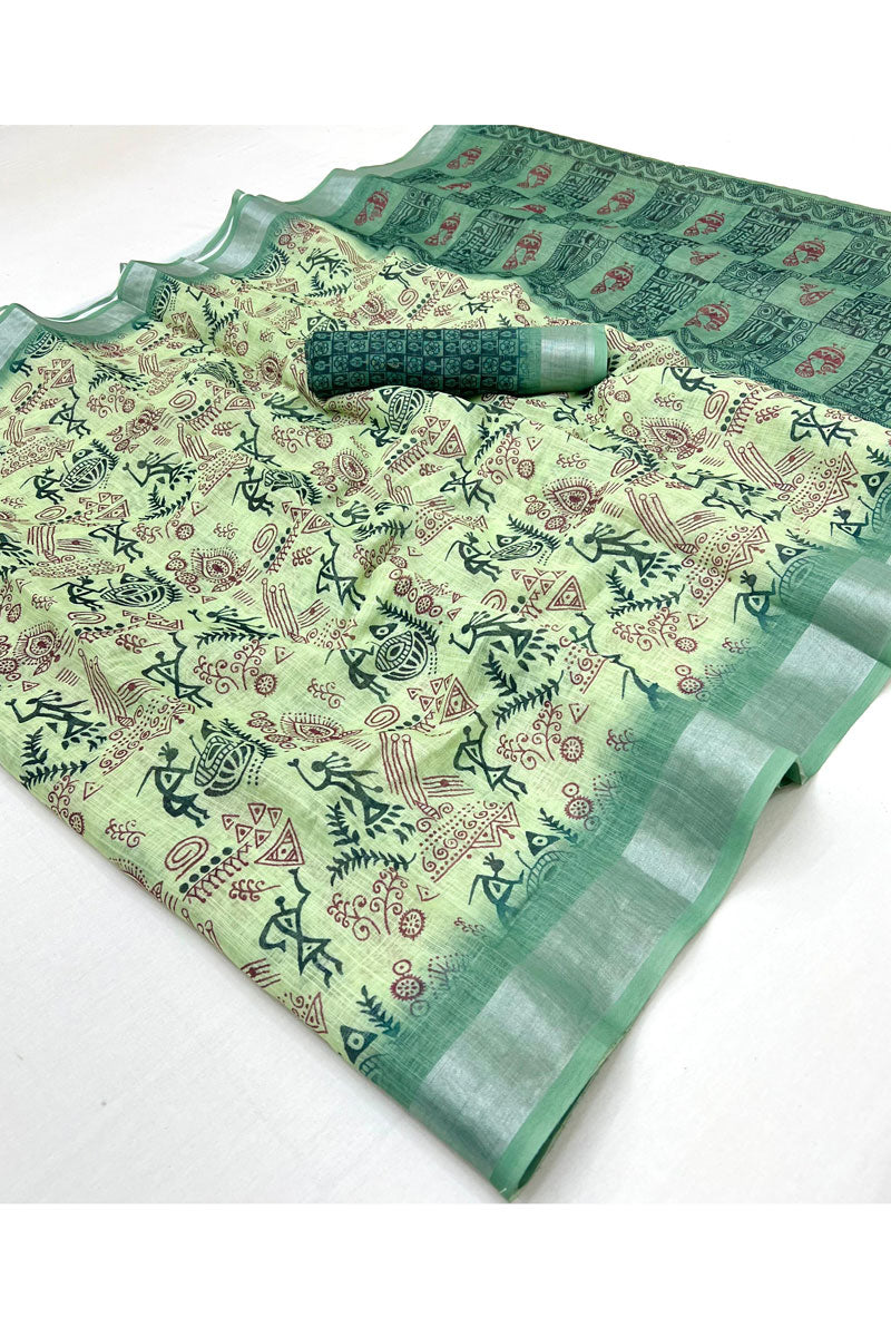 Green Casual Linen Digital Printed Saree