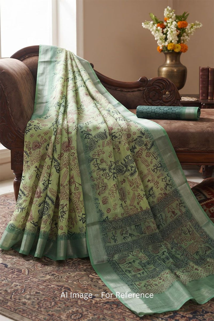 Green Casual Linen Digital Printed Saree