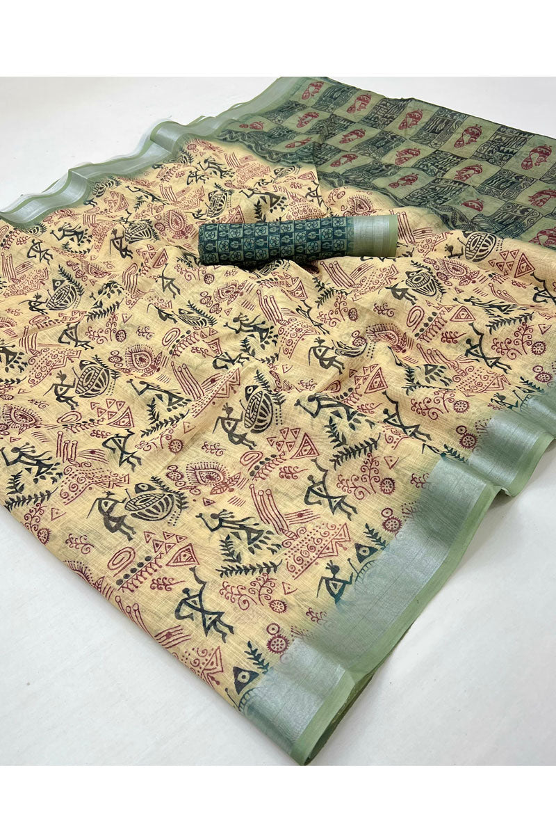 Casual Beige Color Linen Digital Printed Saree