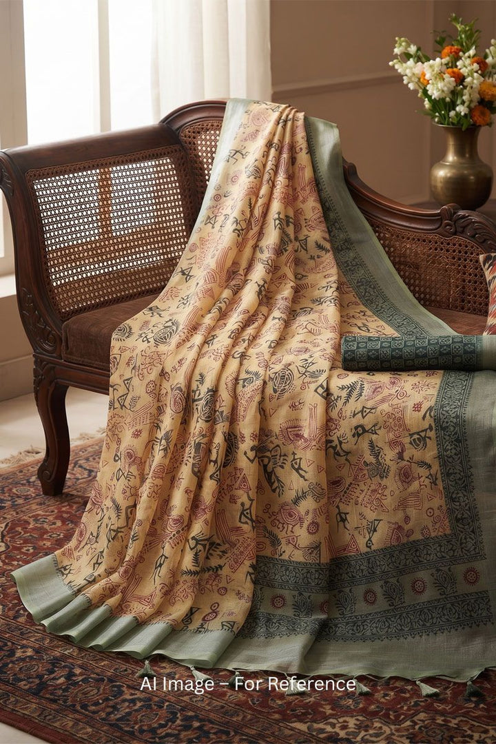 Casual Beige Color Linen Digital Printed Saree