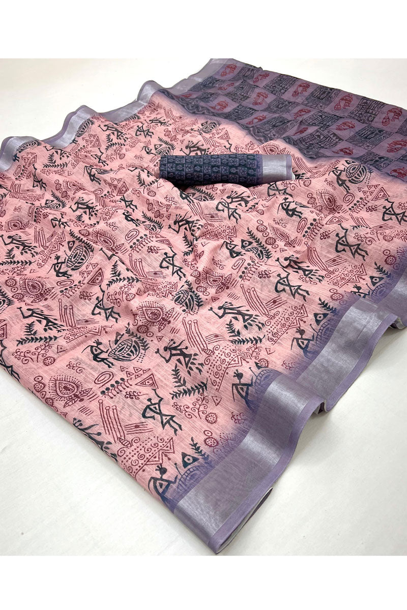 Pink Color Linen Digital Printed Saree For Daily Wear