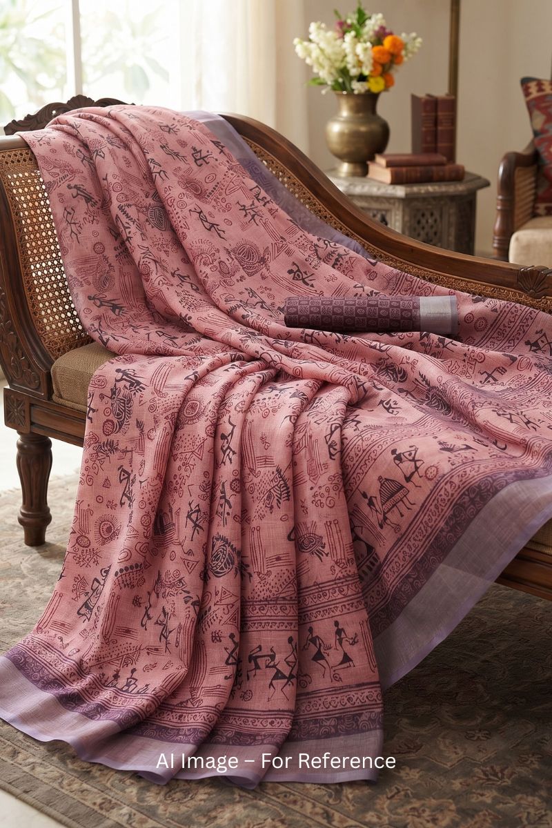 Pink Color Linen Digital Printed Saree For Daily Wear