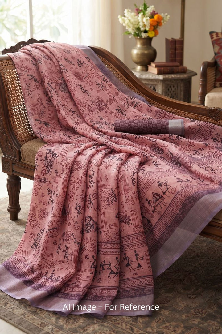 Pink Color Linen Digital Printed Saree For Daily Wear