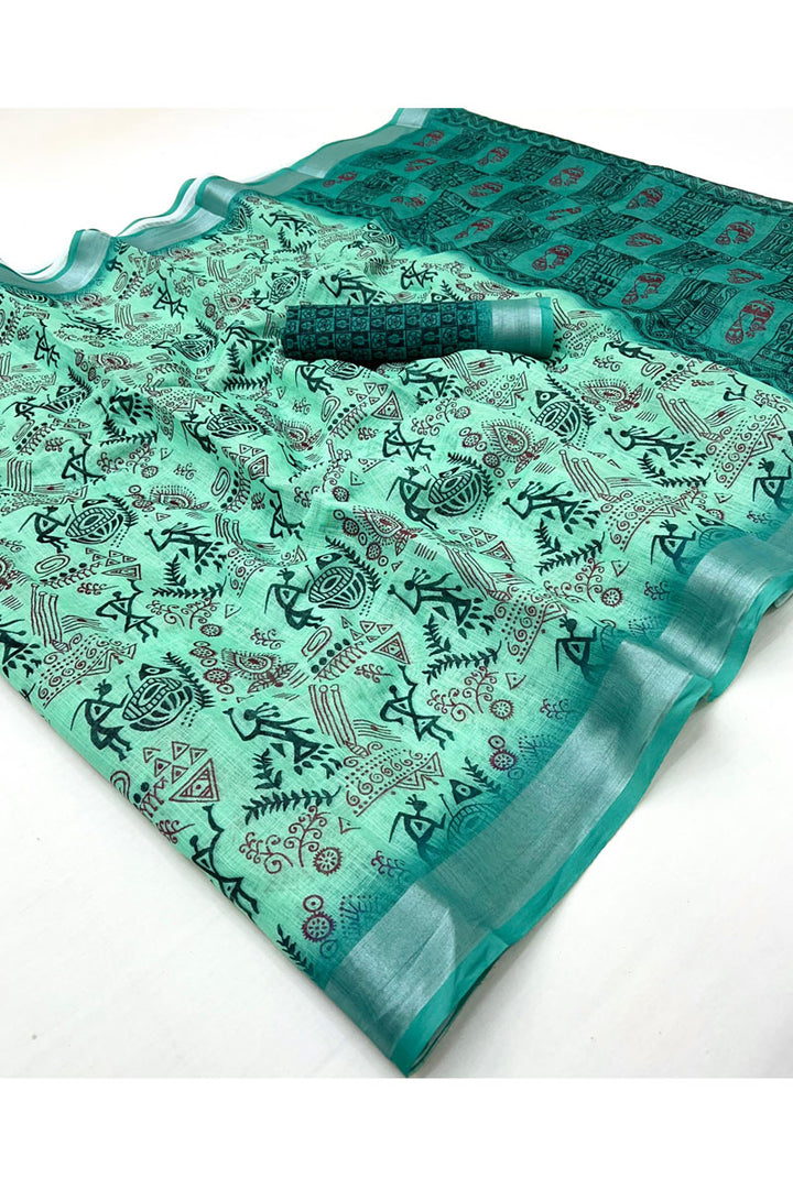 Casula Style Linen Digital Printed Saree In Sea Green Color