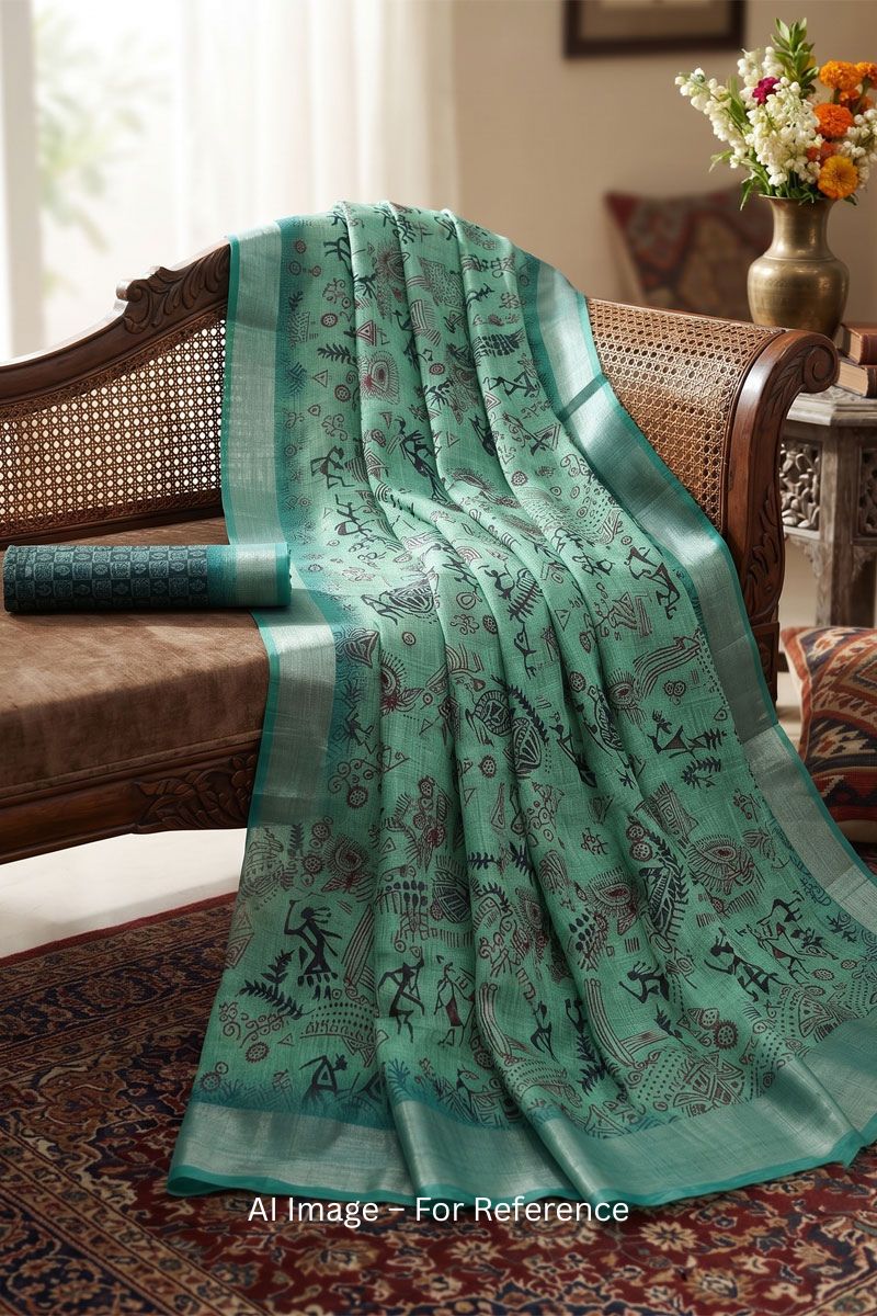 Casula Style Linen Digital Printed Saree In Sea Green Color