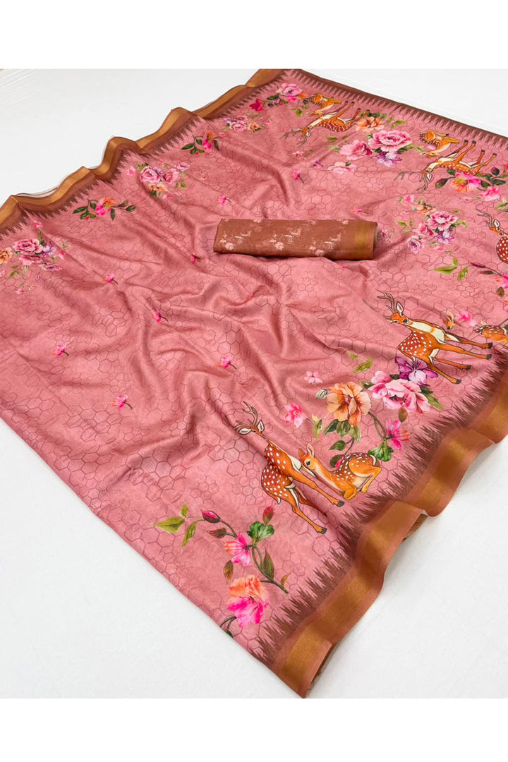 Pink Digital Printed Jari Border Art Silk Saree For Festive