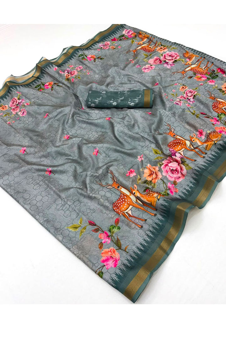 Festive Wear Digital Printed Jari Border Art Silk Grey Saree