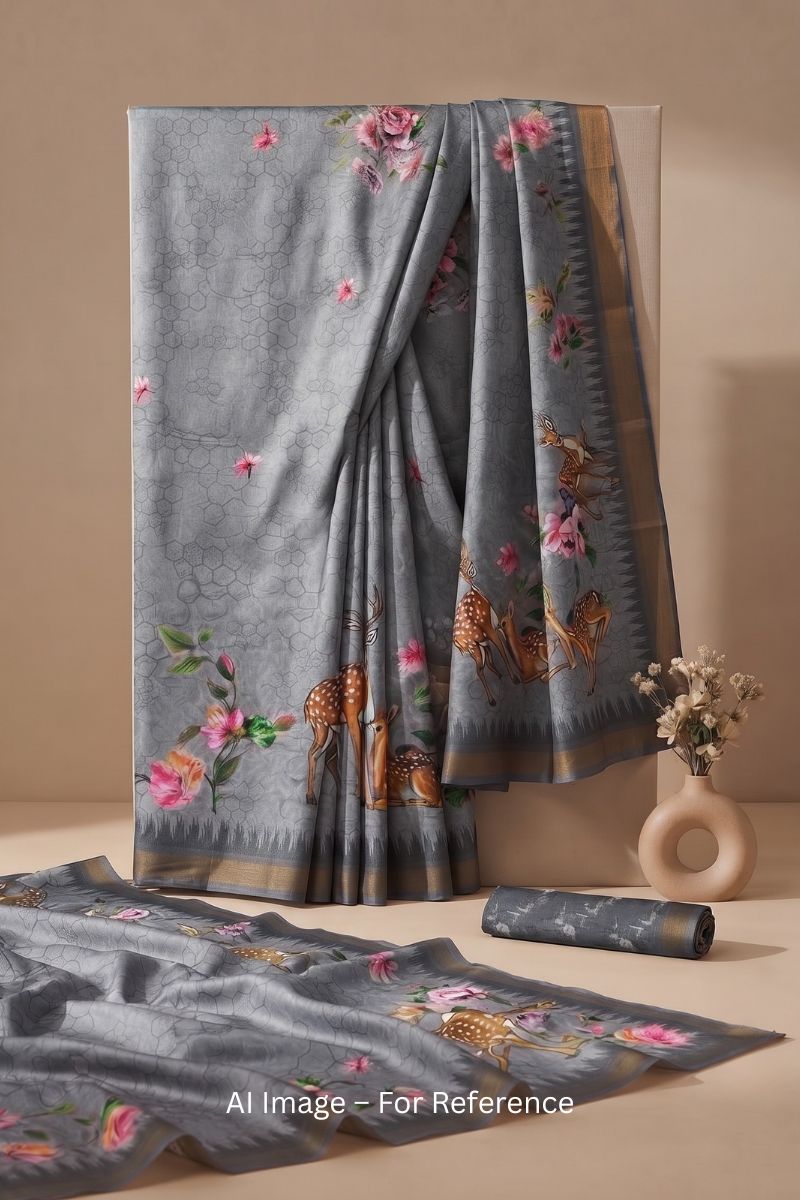 Festive Wear Digital Printed Jari Border Art Silk Grey Saree