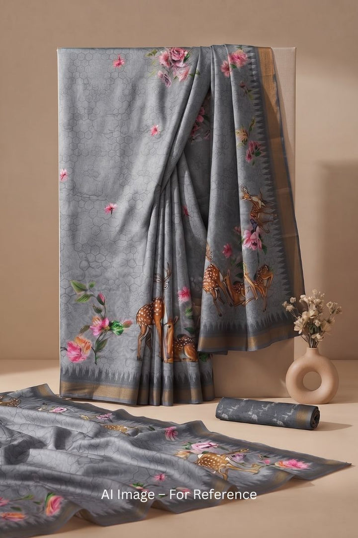 Festive Wear Digital Printed Jari Border Art Silk Grey Saree