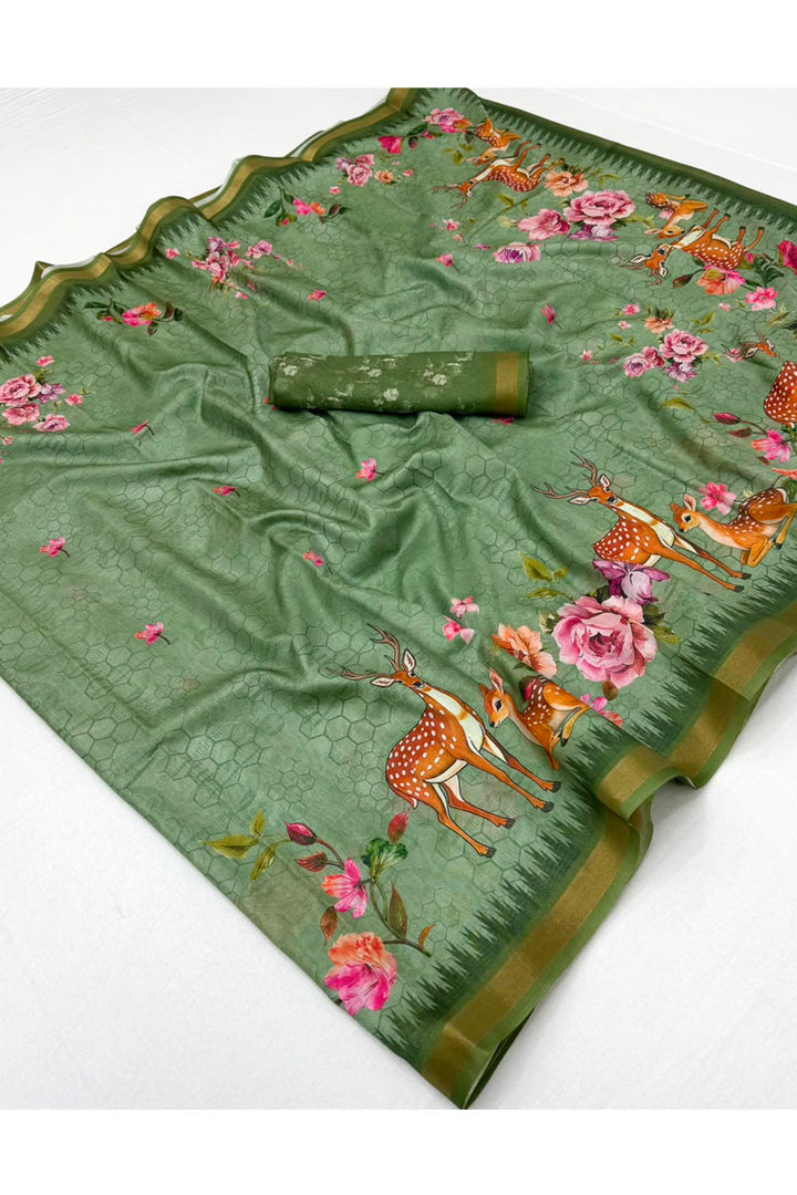 Digital Printed Jari Border Art Silk Saree In Green Color