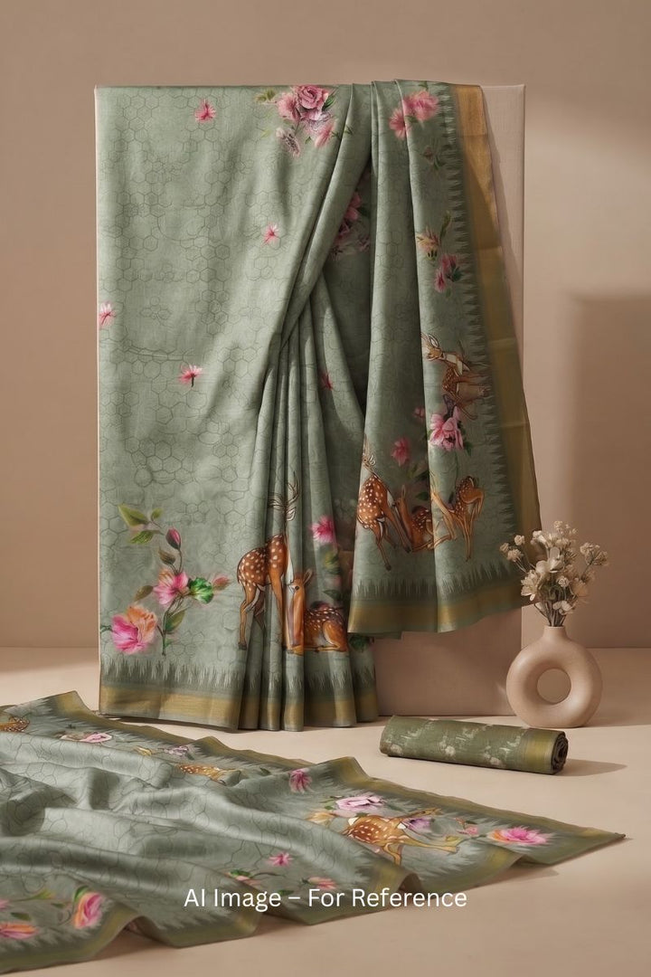 Digital Printed Jari Border Art Silk Saree In Green Color