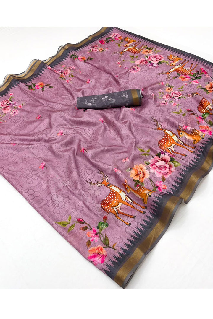 Digital Printed Jari Border Art Silk Saree In Lavender Color