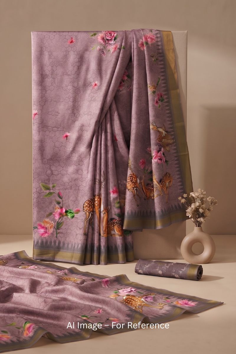 Digital Printed Jari Border Art Silk Saree In Lavender Color
