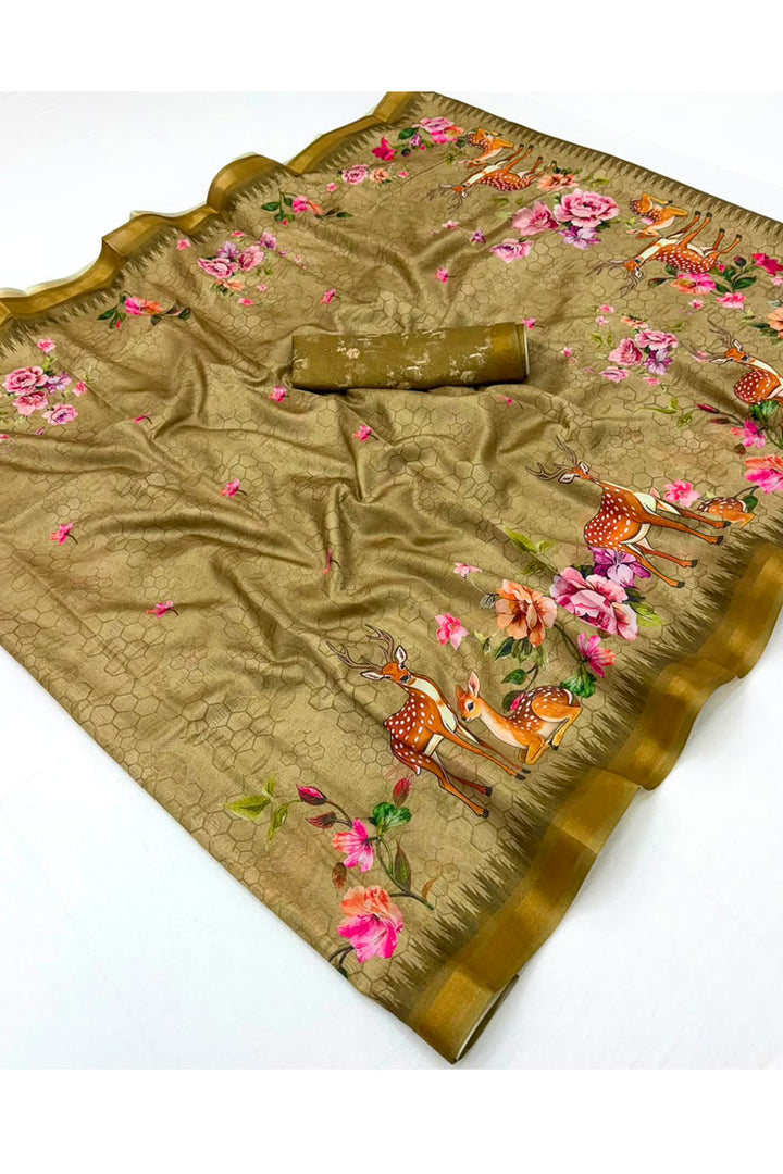 Olive Color Art Silk Digital Printed Jari Border Saree For Festival