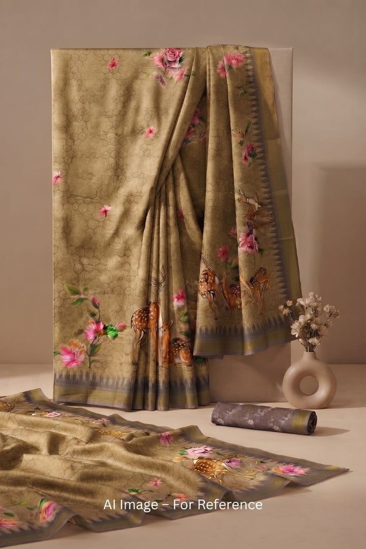 Olive Color Art Silk Digital Printed Jari Border Saree For Festival