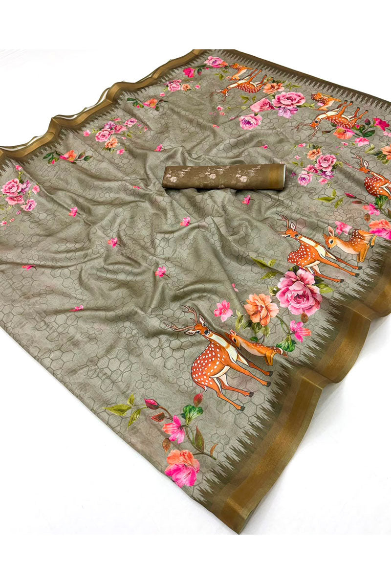 Festive Style Grey Color Digital Printed Jari Border Art Silk Saree