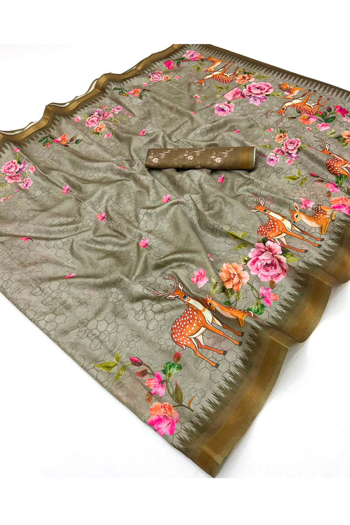 Festive Style Grey Color Digital Printed Jari Border Art Silk Saree