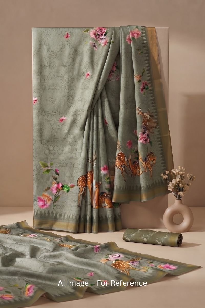 Festive Style Grey Color Digital Printed Jari Border Art Silk Saree