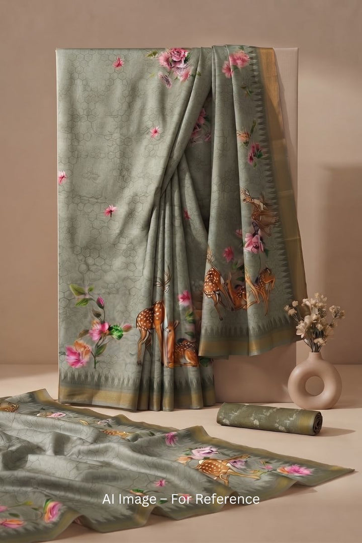 Festive Style Grey Color Digital Printed Jari Border Art Silk Saree